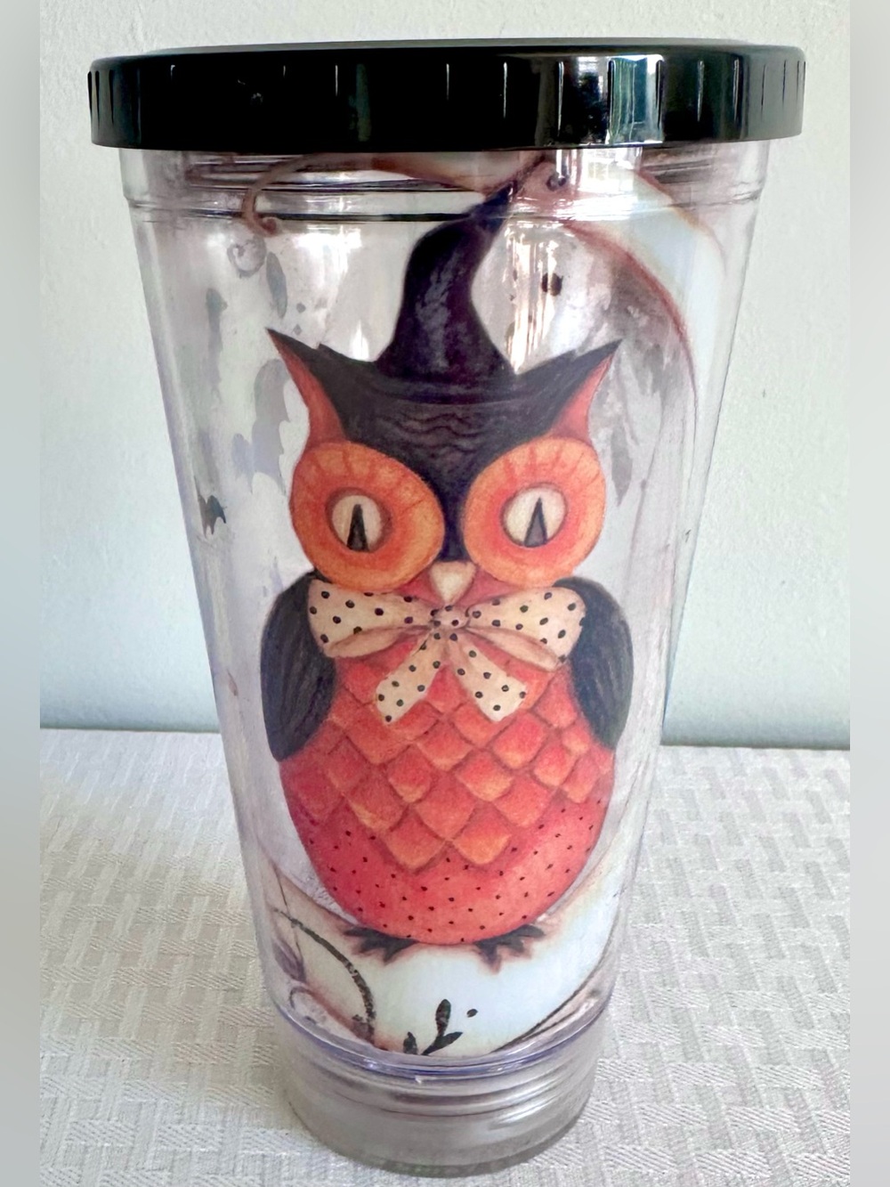 Fall Halloween Owl Reusable Tumbler Cup Black Lid Moon Bats Witch 7.25”
